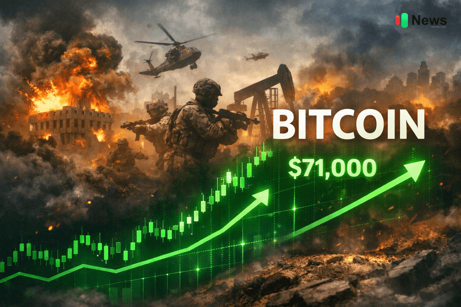 Bitcoin price chart surging above $71,000 amid global uncertainty