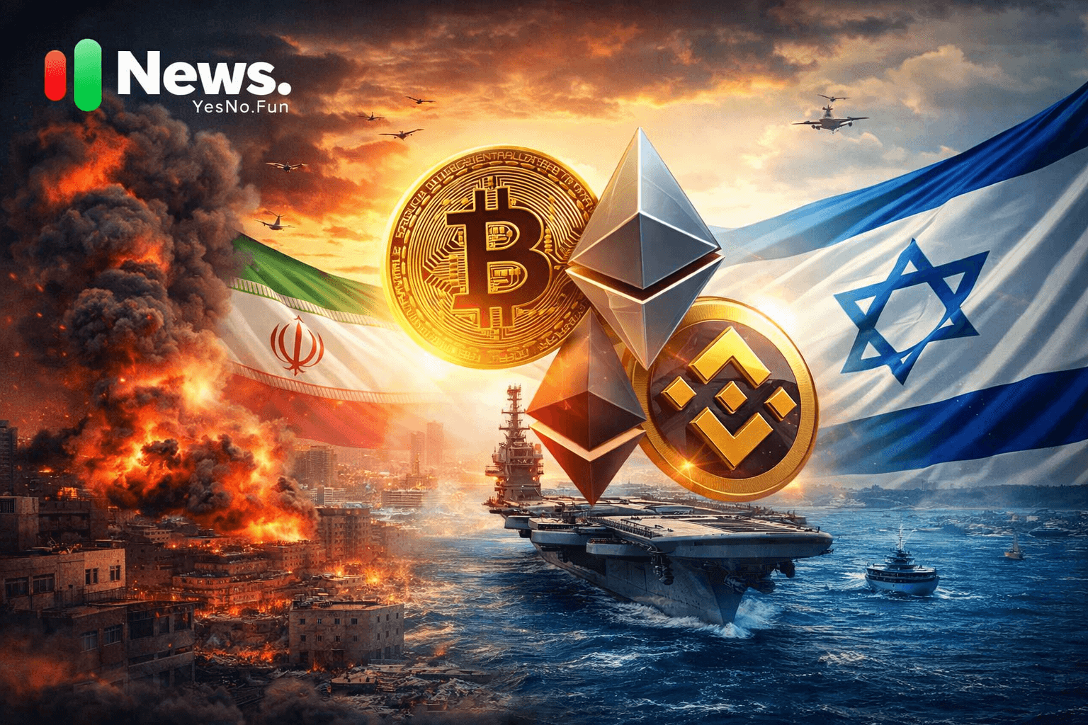 Geopolitical crisis impacting crypto markets with Bitcoin and Ethereum symbols during global conflict