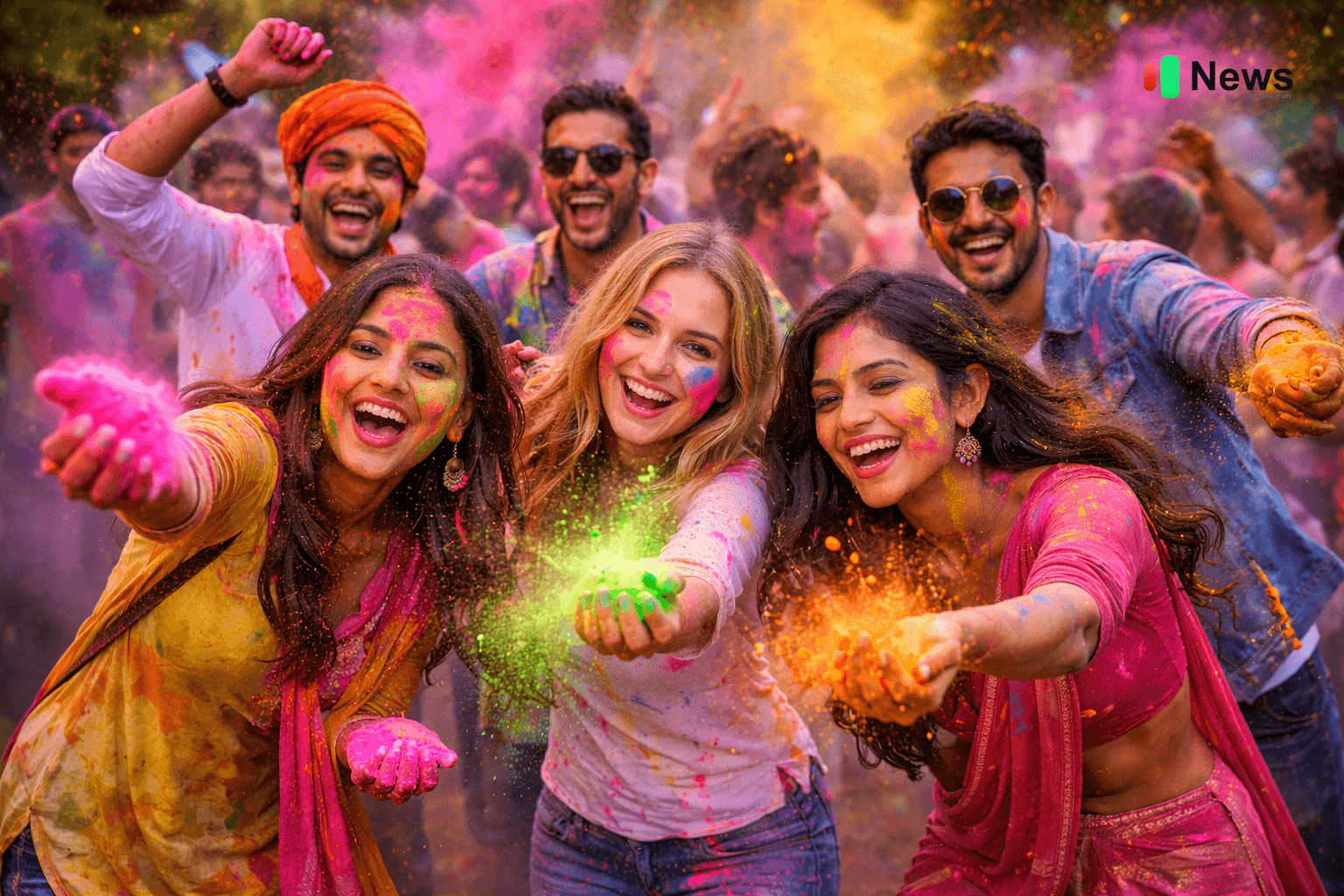 People celebrating Holi 2026 with vibrant colors in a lively outdoor festival scene